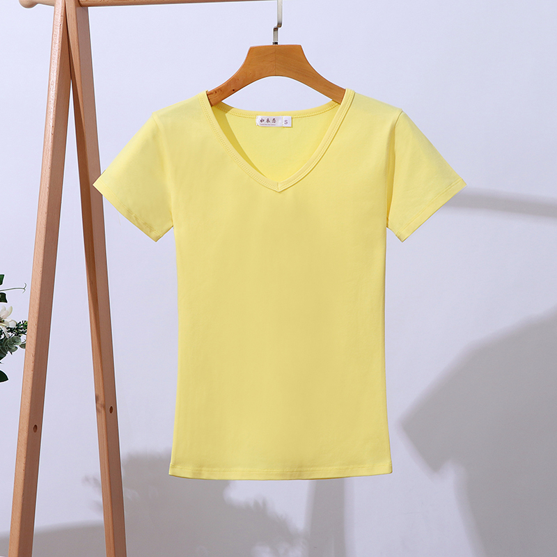 Light Yellow Women's V-Neck Short-Sleeve Pure Cotton Slim-Fit Short Top Summer New Solid Color Slim-Fit Sweetheart Neckline Base Layer Light Yellow Women's V-Neck Short-Sleeve Pure Cotton Slim-Fit Short Top Summer New Solid Color Slim-Fit Sweetheart Neckline Base Layer