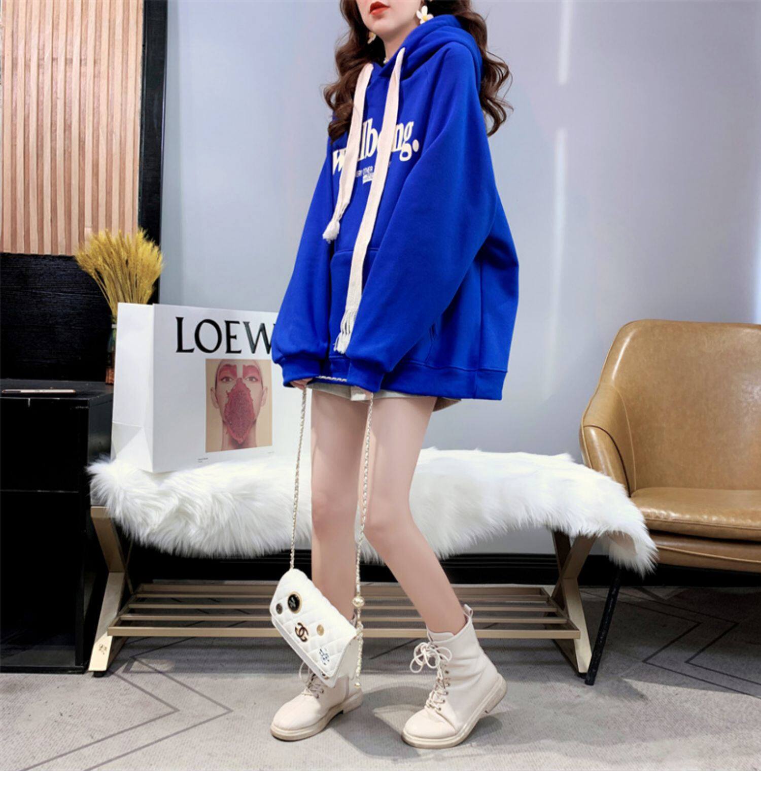 Лён 潮牌新款春秋冬宽松爆款字母连帽时尚外套克莱因蓝加绒加厚卫衣服