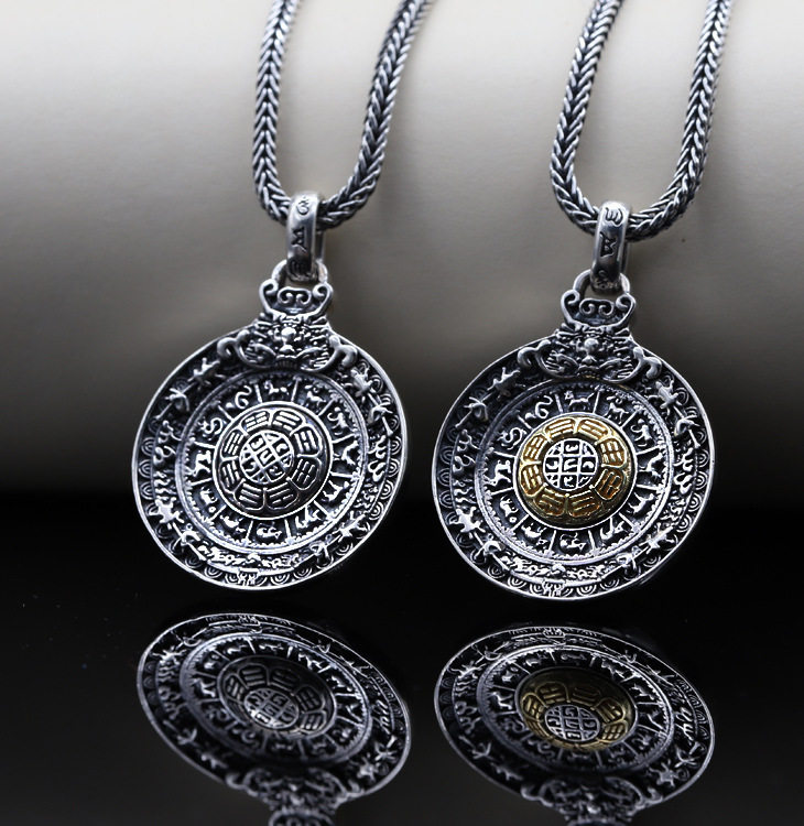 s925 Pure Silver Jiugong Gossip Signs Tennis Red Pendant Retro Thai Silver Crafts Men And Women Turning the Buddha