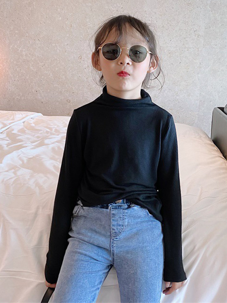Children's autumn clothing pure cotton elastic pile collar bottoming shirt girls high collar long-sleeved T-shirt cardigan all-match top tide