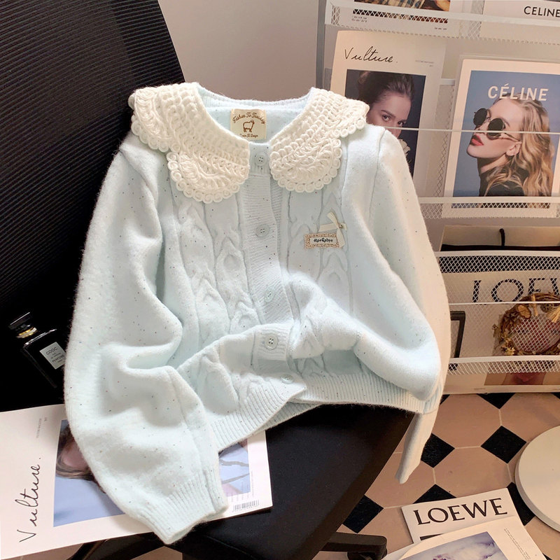 Blue Sweet Doll Collar Cute Knitted Cardigan for Women, Japanese Style College Outfit Sweater Jacket for Autumn and Winter