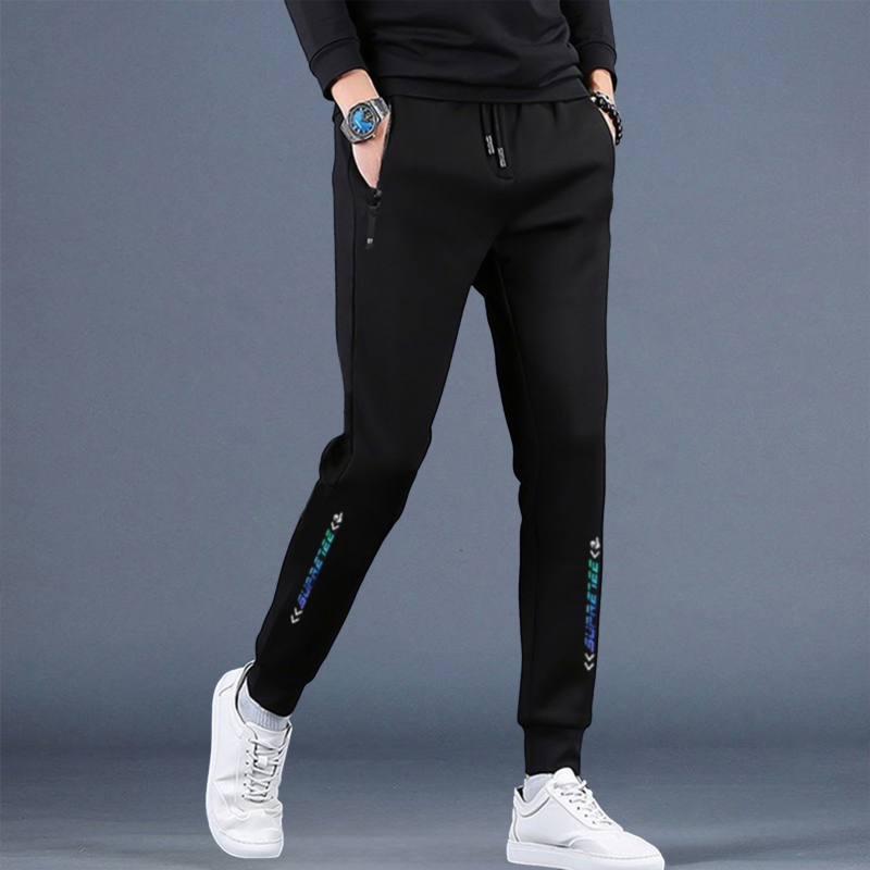 Men's Casual Pants Autumn and Winter New Style Fleece-Lined Thickened Pants Men's Sports Pants Black Sweatpants Jogger Ice Silk Long Pants