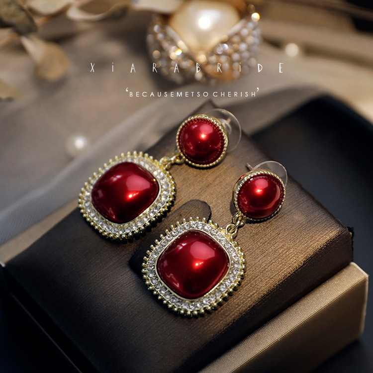 Christmas new red sparkling pearl drop earrings bride toast dress earrings annual meeting party dress accessories