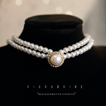 Elegant Lock Bone Chain Pearl Necklace Japan-ROK retro golden handcrafted Hepburn Anemone Wind Banquet Gala Bridal Neck Chain