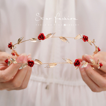 Christmas red rose headband headband earring set double Chinese wedding dress headdress wedding dress accessories