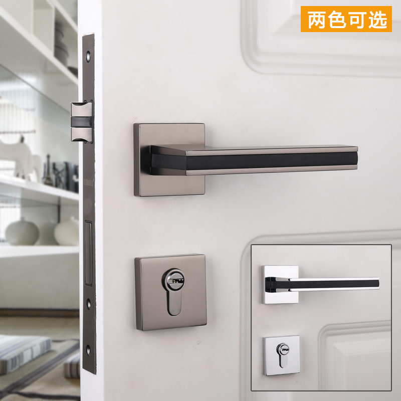 Black two-piece door lock American room with leather room locked bedroom simple bright silver door handle quiet wooden door lock