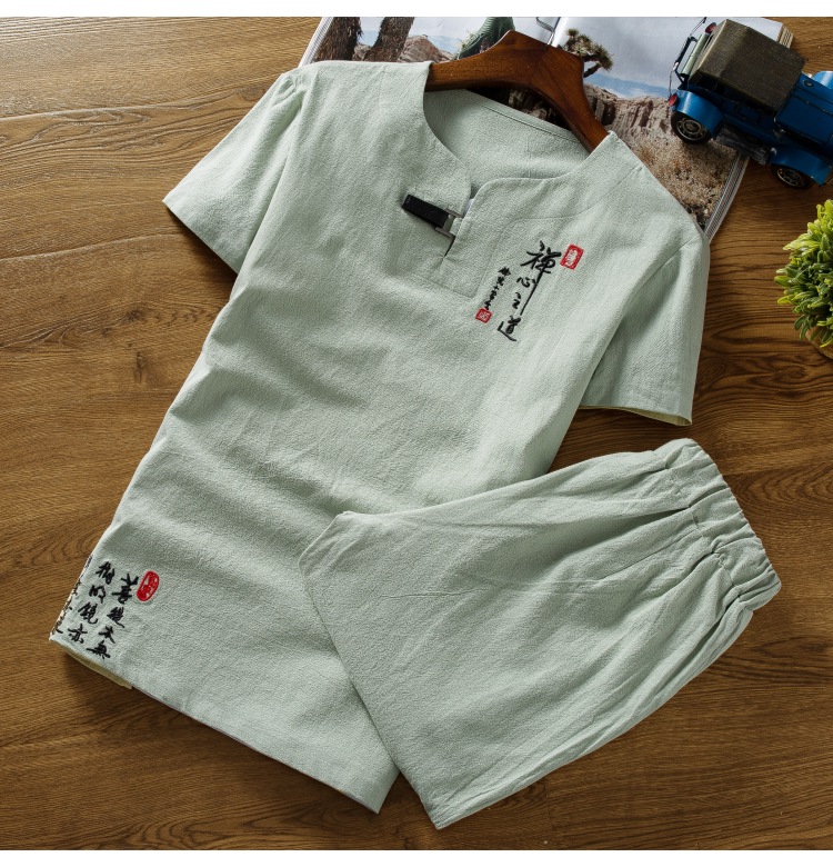 Trang phục dân tộc mùa hè cotton T-Shirt quần short cotton thể thao phù hợp với kích thước lớn Trung Quốc thêu phần mỏng quần áo