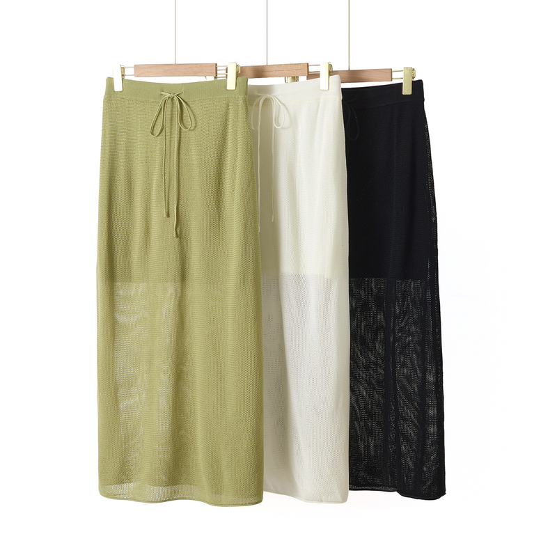 26 Summer Thin Lace-Up Knitted Midi Skirt for Women, Elastic Waist Pencil Skirt, French Elegant Skirt