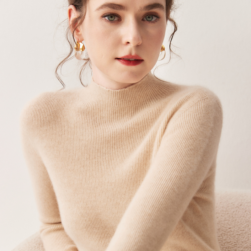 One-Piece Seamless Half-Turtleneck Cashmere Sweater for Women, Autumn and Winter 26, Slim Fit, Thin Knit Base Layer Sweater