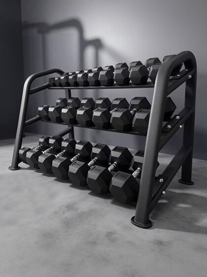 New Hexagonal Rubber-Coated Fixed Dumbbells for Men, Commercial Three-Layer Ten-Piece Dumbbell Rack Set for Personal Training and Strength Fitness