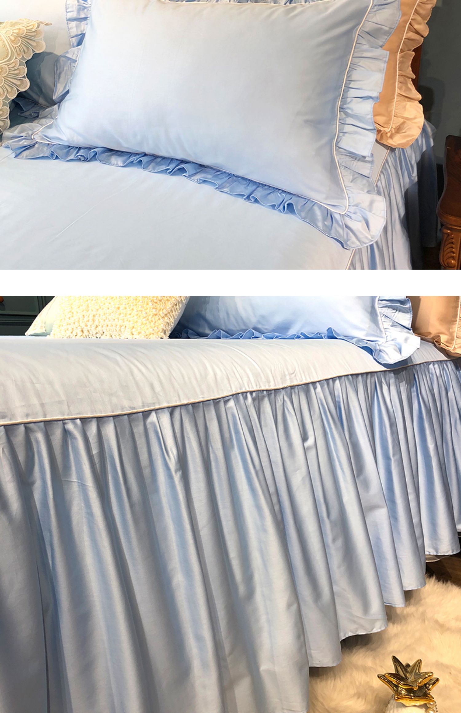 60S cotton dài chủ yếu cotton satin váy đơn mảnh 3 mảnh set Mỹ rắn màu giường bao ánh sáng sang trọng gió chống trượt ga trải giường - Váy Petti ga giường có viền