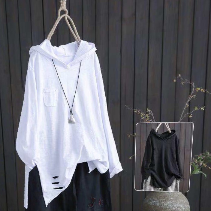 Spring and Summer New Style Hooded Artistic Slub Cotton Long-Sleeve T-Shirt for Women, Loose Cotton Top with Distressed Side Slits