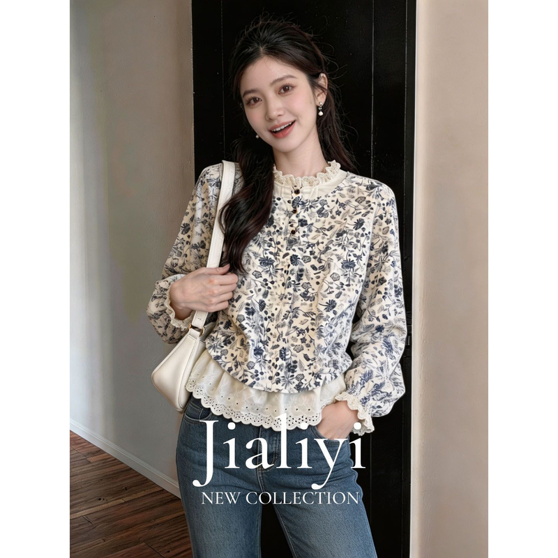 French-Style Fake Two-Piece Lace Patchwork Floral Shirt for Women, New Autumn Style, Elegant, Loose, Age-Reducing, Versatile Long-Sleeved Shirt French-Style Fake Two-Piece Lace Patchwork Floral Shirt for Women, New Autumn Style, Elegant, Loose, Age-Reducing, Versatile Long-Sleeved Shirt