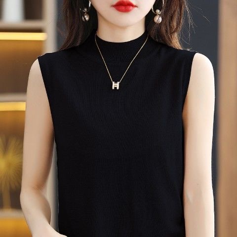 Autumn New Sleeveless Women's Half-High Collar Camisole Base Shirt, Solid Color Suit Inner Wear, Ice Silk Knit Pullover Vest