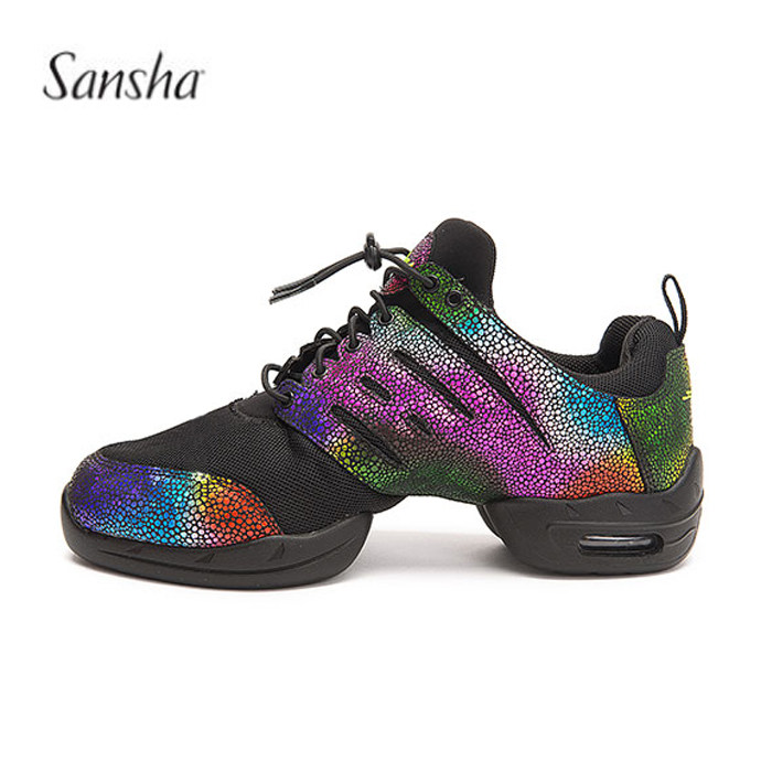 French Sansha cowhide mesh color stitching modern dance jazz sports non-slip square dance shoes