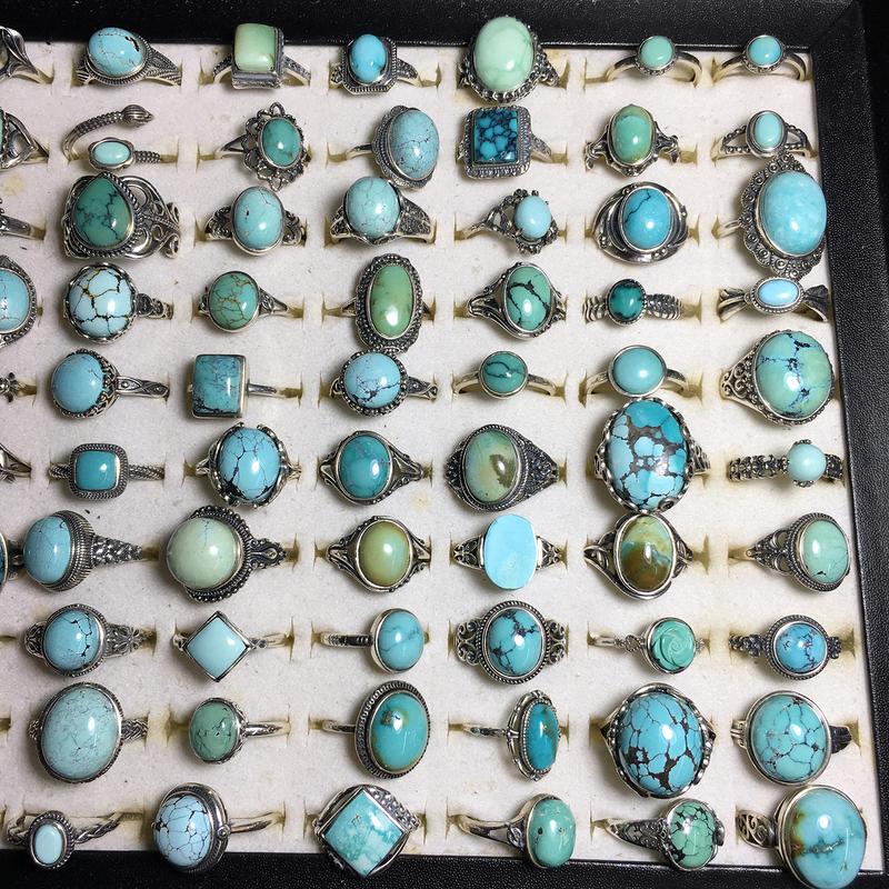Natural Hubei Raw Turquoise High-Porcelain Blue-Green Non-Dyed Non-Optimized Premium Thai Silver Vintage Fashion Women's Ring