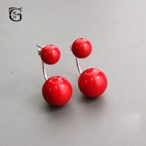 (G accessories) imitation coral red double round ball earrings 925 sterling silver personality dual-purpose earrings star same model
