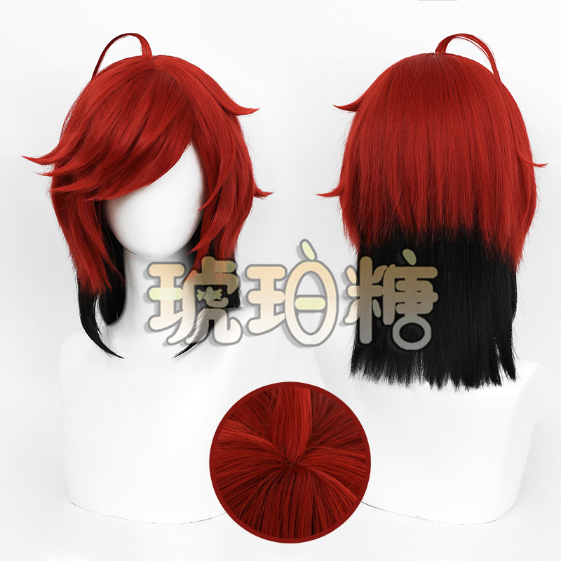 Amber Sugar Alastor Cosplay Wig Hell Inn Realistic Scalp Top Red and Black Cosplay Wig