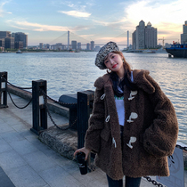 GG brown bear lamb wool sheep cutting wool one fur coat female horn buckle long coat winter tide