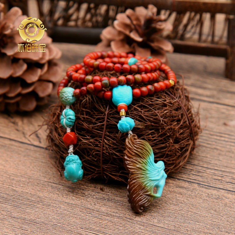 Yibo original turquoise south red design bracelet bracelet bracelet 108 Buddha bead necklace high porcelain blue old oil green diy butterfly