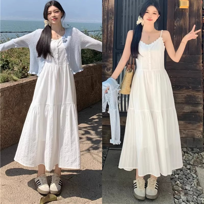 First Love Style Outfit, Slimming and Gentle, Summer White Dress, Beach Vacation Strap Dress Set, Two-Piece Set