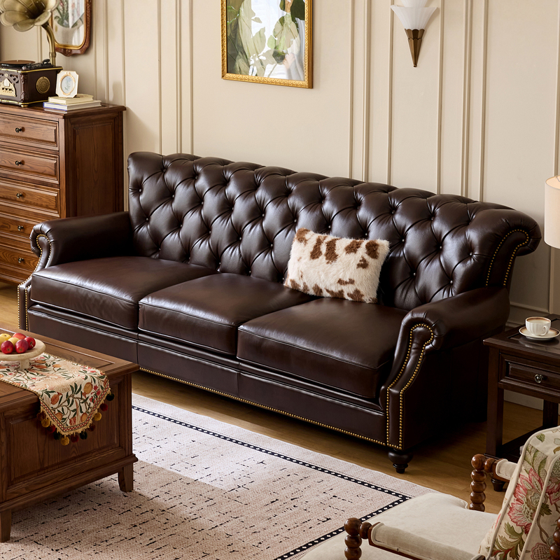 Kanas Classic American Chesterfield Full Leather Sofa with Hand-Tied Buttons, Rivets, and Solid Wood Legs for Large Spaces