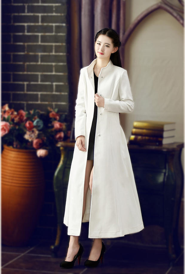 Áo khoác len nữ mùa đông 2019 màu trắng trong khí chất dài Slim mỏng đứng nhỏ cổ áo len lông len - Accentuated eo áo áo dạ ngắn tuổi trung niên