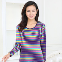 Spring Autumn Pure Cotton Middle Aged Lady Clothing Mother Clothing Pure Cotton Jersey Blouse Blouse Grandma Mother-In-Law Long Sleeve Striped T-Shirt Woman