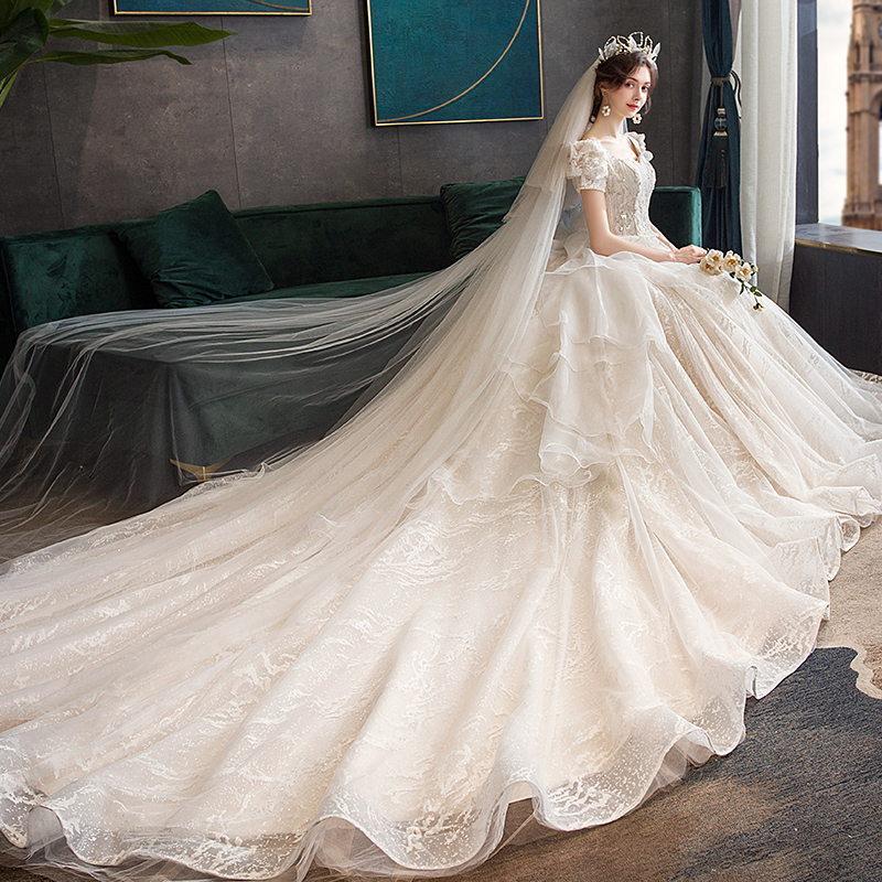 Main Wedding Dress 2026 New Style Bride Heavy Craftsmanship Forest Style Long Train Maternity French Puff Sleeve Dress Princess 2026A