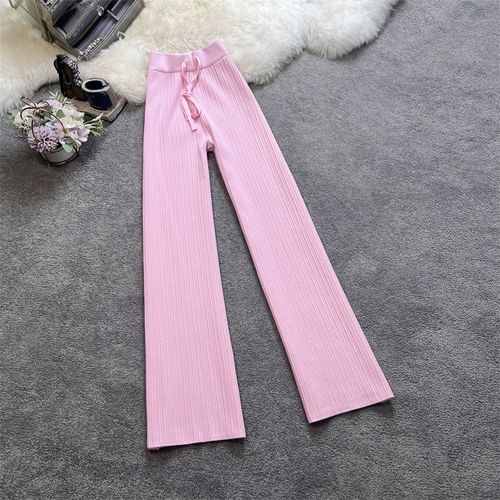 Демисезонные розовые трикотажные штаны для отдыха, высокая талия, оверсайз, свободный прямой крой, увеличенная толщина
