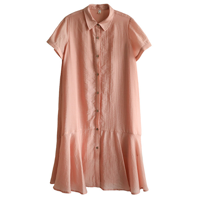 Naturally produced casual literary peach pink shirt collar short-sleeved stitching lotus lace dress spring QA2191