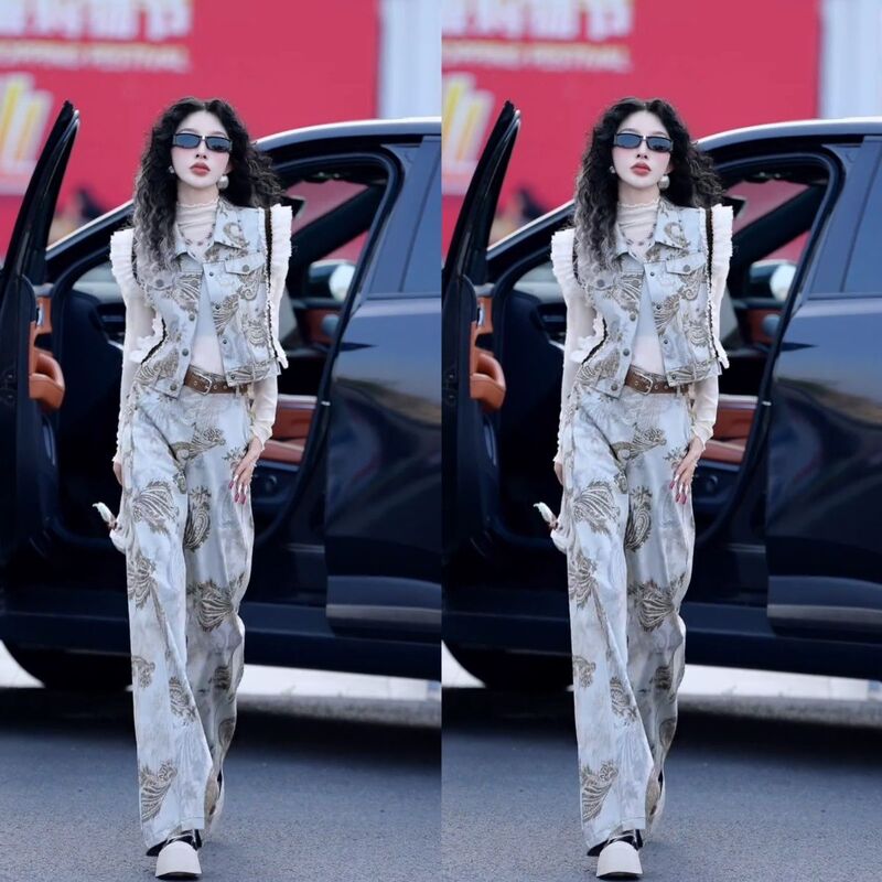 Printed Stylish and Fashionable Three-Piece Set 2026 New Sleeveless Vest Wide-Leg Pants Top Casual Slimming