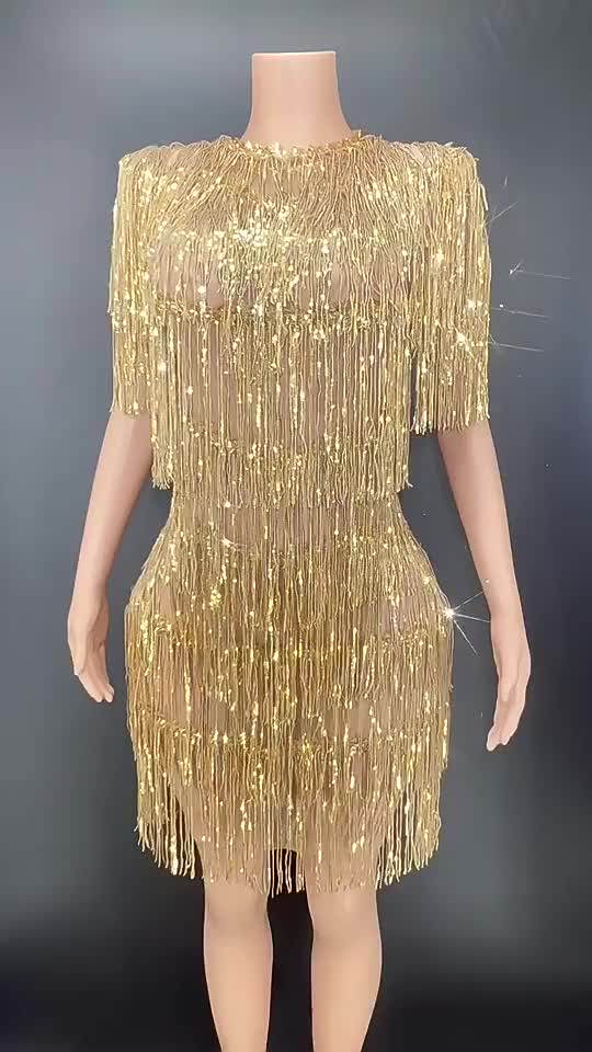 2022 Sparkly Women Singer Dancer Show Shiny Gold Fringe Tassel Dance Dress  Club Birthday Party Celebrity Outfit