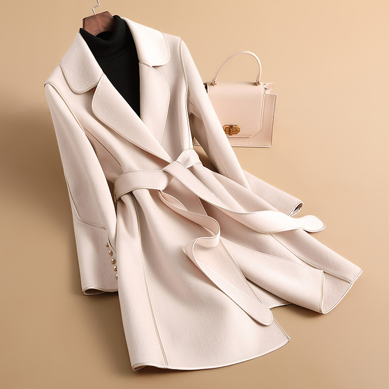 New Autumn and Winter Classy White Mid-Length Double-Sided Wool Coat for Women Hepburn Style Petite Casual Woolen Coat