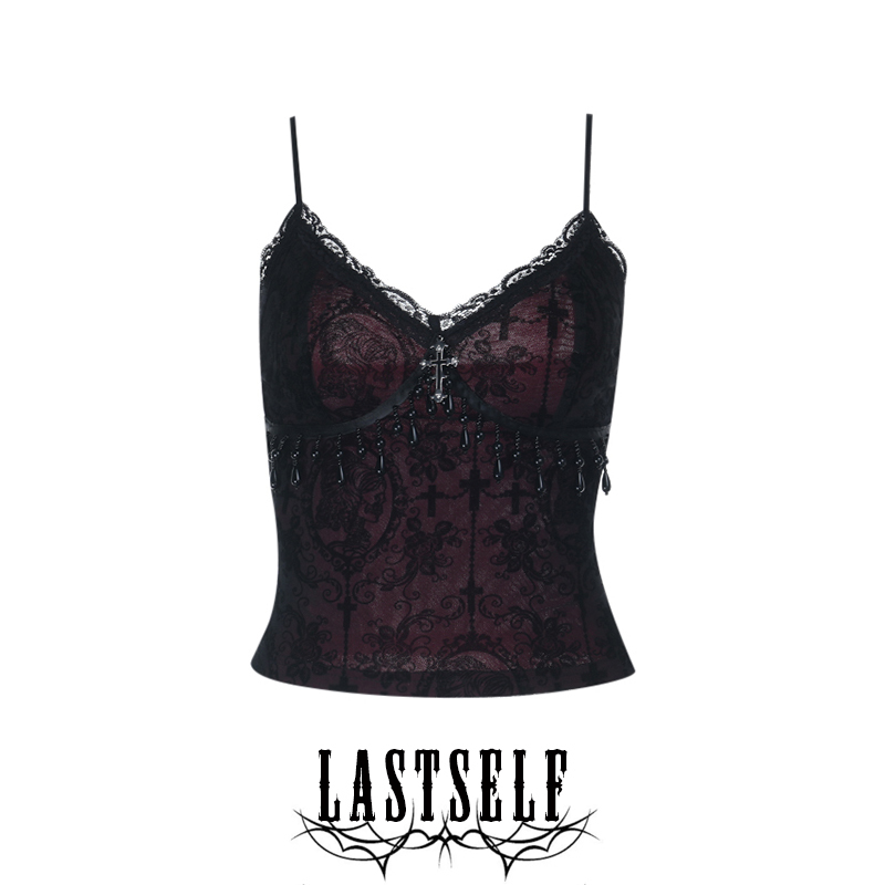 Lastself Lace Blood Feast Gothic Style Mesh Flocked Cross Tassel Camisole Slim Fit Tank Top for Women Lastself Lace Blood Feast Gothic Style Mesh Flocked Cross Tassel Camisole Slim Fit Tank Top for Women