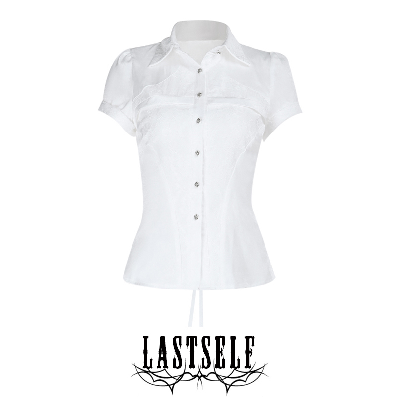 Lastself Divine Redemption Subculture Lace Patchwork Tie Waist Short Sleeve Shirt Gothic Style Top for Women