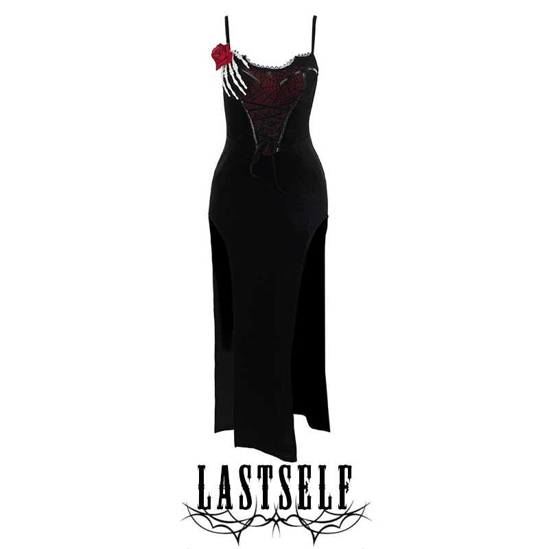 Lastself Scarlet Hunter Skeleton Hand Clip Sexy Slit Strap Long Dress Velvet Tie Waist Dress