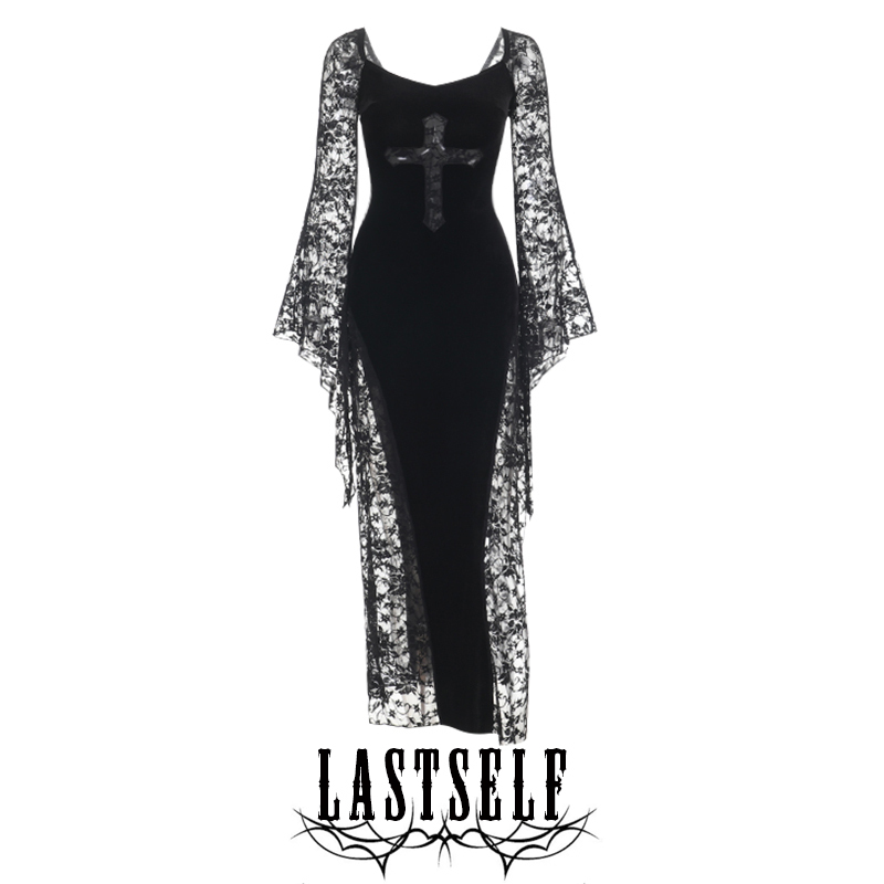 Lastself Dark Madonna Gothic Style Lace Splicing Long-Sleeved Dress Sexy High Slit Slim Long Dress