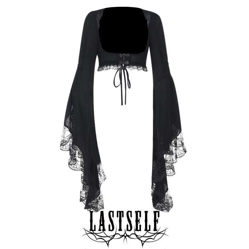 Lastself Black Crow Puppet Lace Patchwork Tie Waist Short Coat Women's Gothic Style Flared Sleeve Blouse