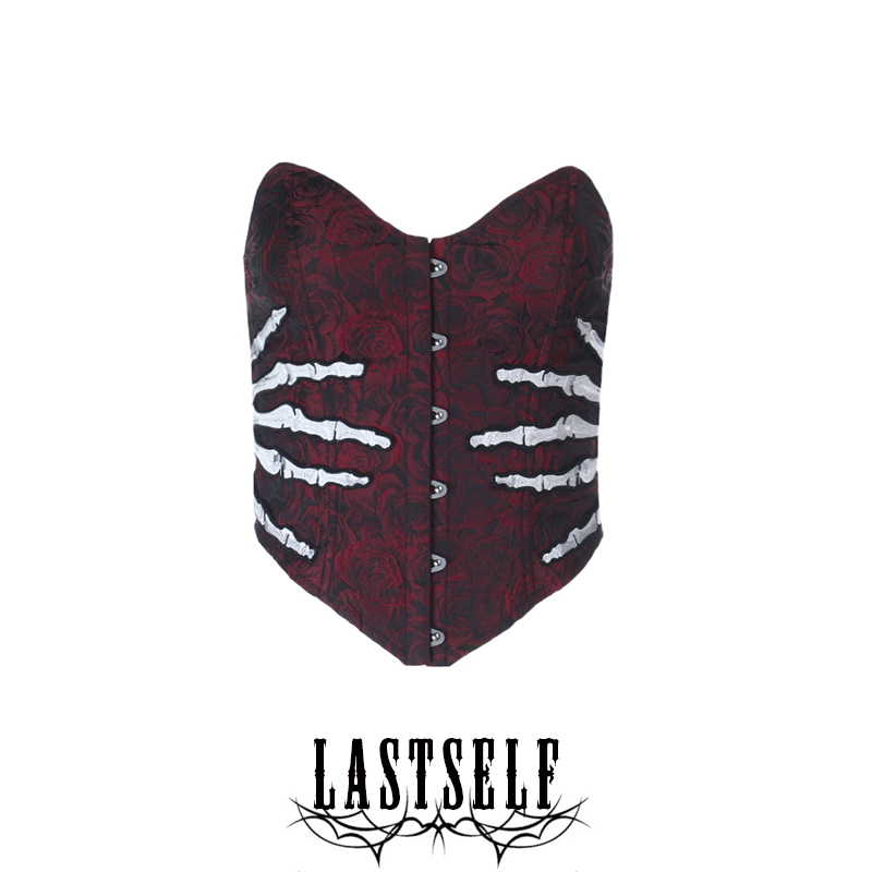 Lastself Hell's Messenger Gothic Skull Hand Embroidered Tube Top Women's Jacquard Single-Breasted Wrap-Around Vest