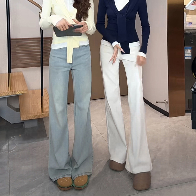 Non-Leg-Flared Jeans for Women, Low-Waisted Hot Girls Spring and Summer New Style White Elastic Loose Horseshoe Floor-Length Flared Pants