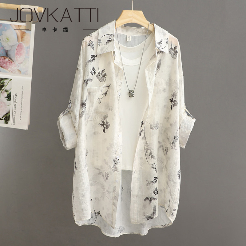 Jovkatti Chinese Style Ink Print Sun Protection Shirt for Women 2026 Summer New Lightweight Breathable Mid-Length Shirt