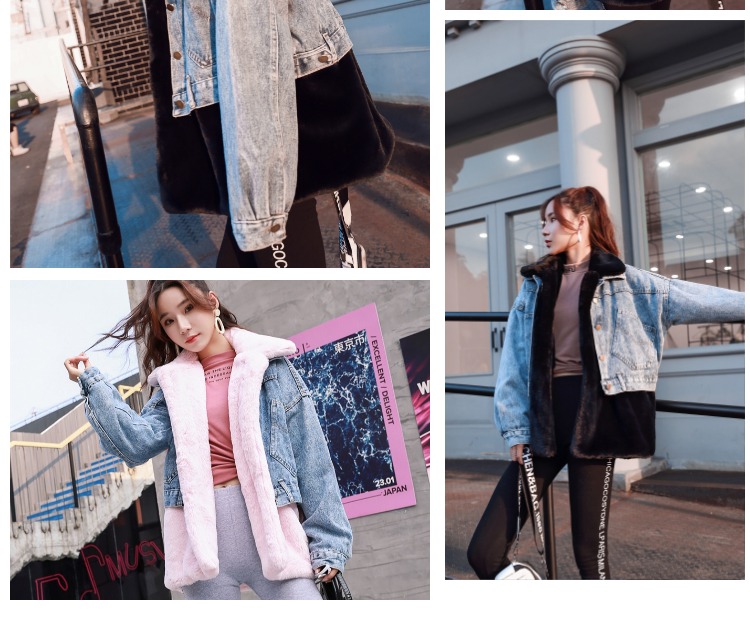 Mùa đông 2018 áo khoác lông thỏ giả lông denim phần ngắn giản dị Slim lông thỏ ấm lót lông hai mảnh áo lông thỏ cao cấp
