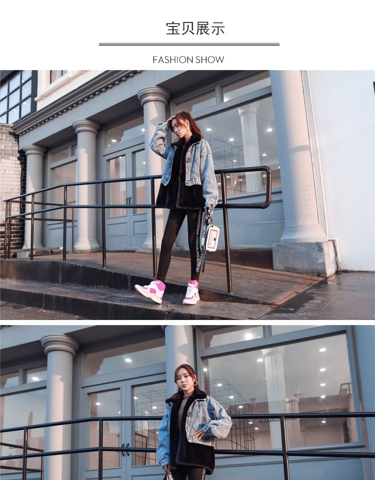 Mùa đông 2018 áo khoác lông thỏ giả lông denim phần ngắn giản dị Slim lông thỏ ấm lót lông hai mảnh áo lông thỏ cao cấp