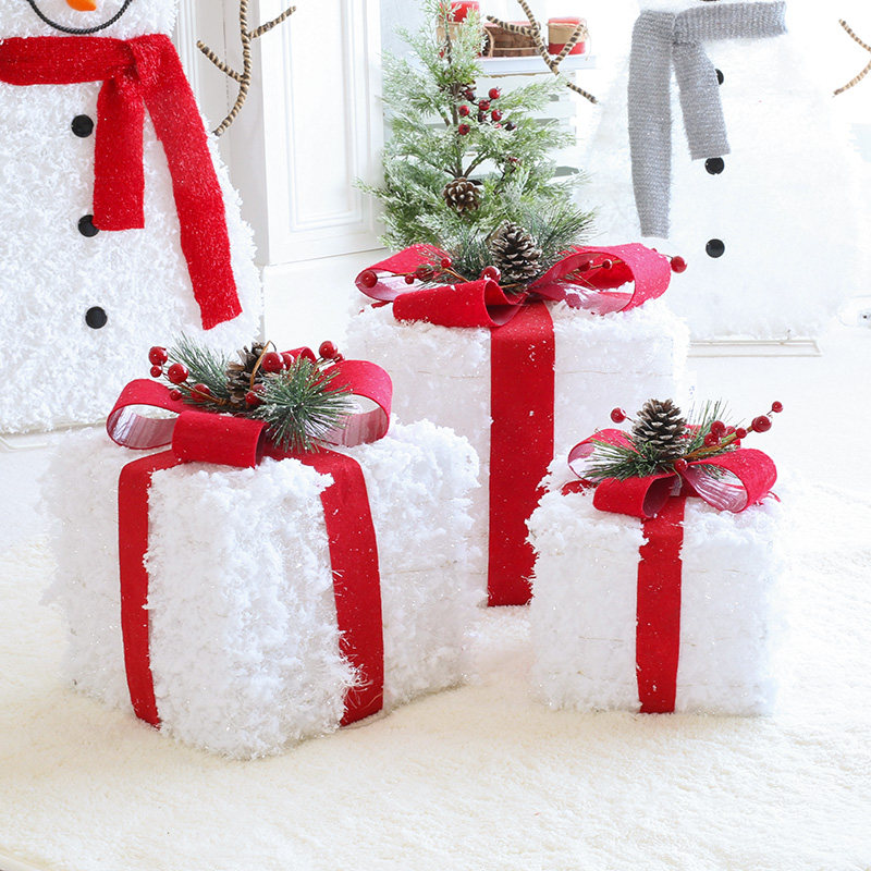 Christmas decorations Christmas tree pile hair shiny iron gift box three-piece shopping mall hotel window decoration rice white
