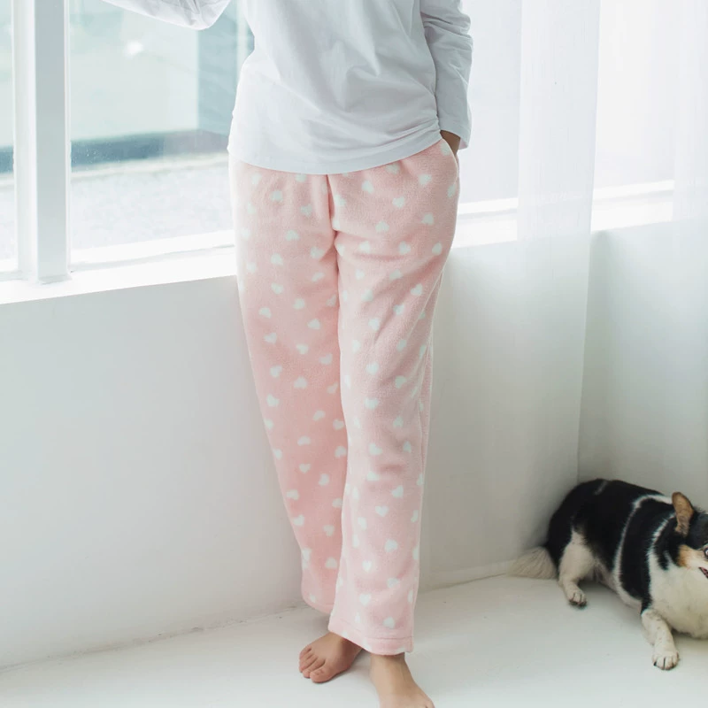 Trong tai san hô nhung quần pyjama nữ mùa thu đông cộng với nhung dày ấm áp quần dài mặc nhà quần ống loe - Quần tây