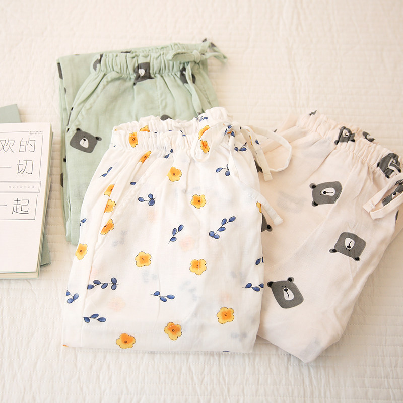 In ear minimalist small fresh and broken flowers pure cotton double layer yarn sleeping pants home pants full-length pants full cotton home casual pants