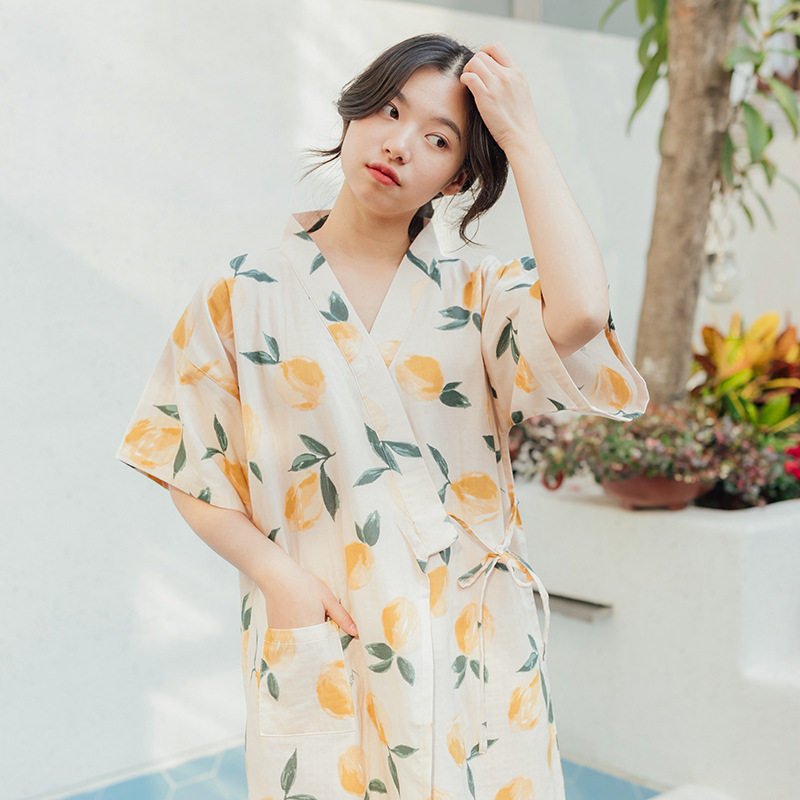 Pure Cotton Cloth Bath Bathrobe Woman Summer Full Cotton Short Sleeve Sweat Steaming bath Beauty Day style lacing and sleeping robe