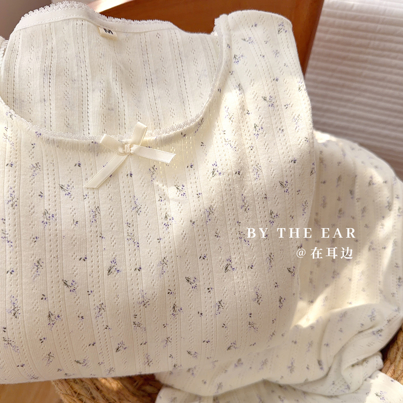 Cloudy Floral Pattern | French Style Pure Desire Pajamas for Women, Spring/Summer, Pure Cotton with Chest Pads, Long Sleeve/Short Sleeve, Ribbed Loungewear Cloudy Floral Pattern | French Style Pure Desire Pajamas for Women, Spring/Summer, Pure Cotton with Chest Pads, Long Sleeve/Short Sleeve, Ribbed Loungewear
