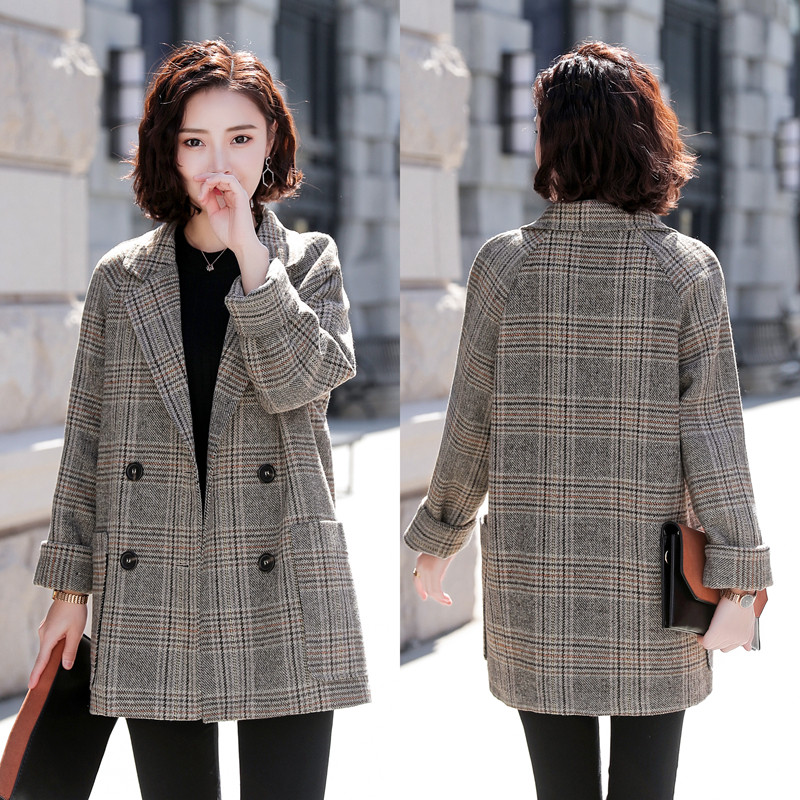 Korean version of chic Mori plaid woolen coat women's short section small plaid suit plus cotton coat autumn and winter new style
